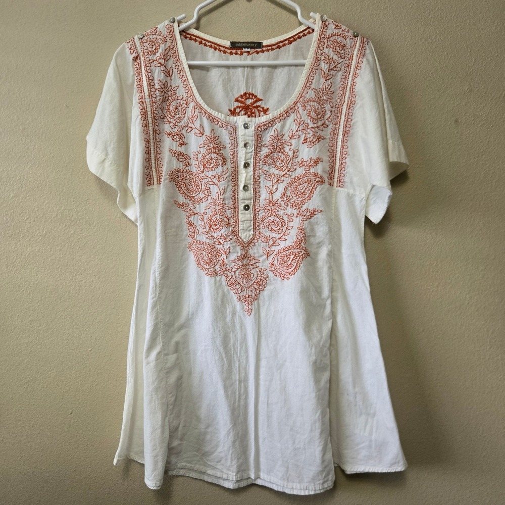 Subtle Luxury White Cotton Embroidered Tunic Top Orange Paisley Boho Henley S/M